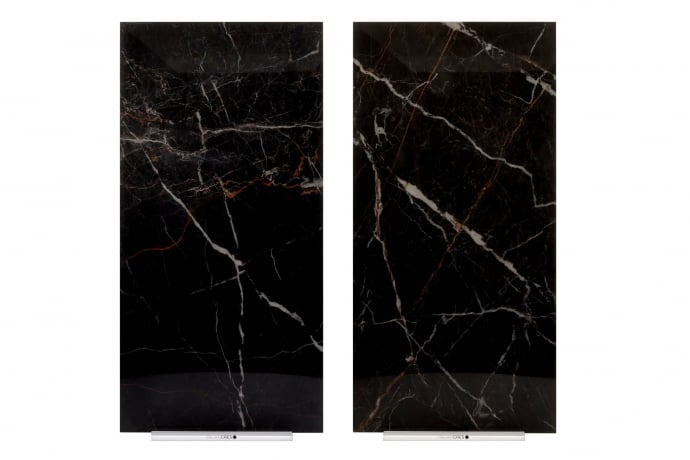 Glossy black marble with golden and white veins