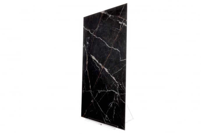 Glossy black marble with golden and white veins